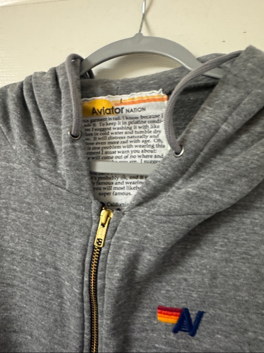 Aviator Nation Gray Zip Hoodie with Rainbow Stripe Hem - Picture 3 of 4